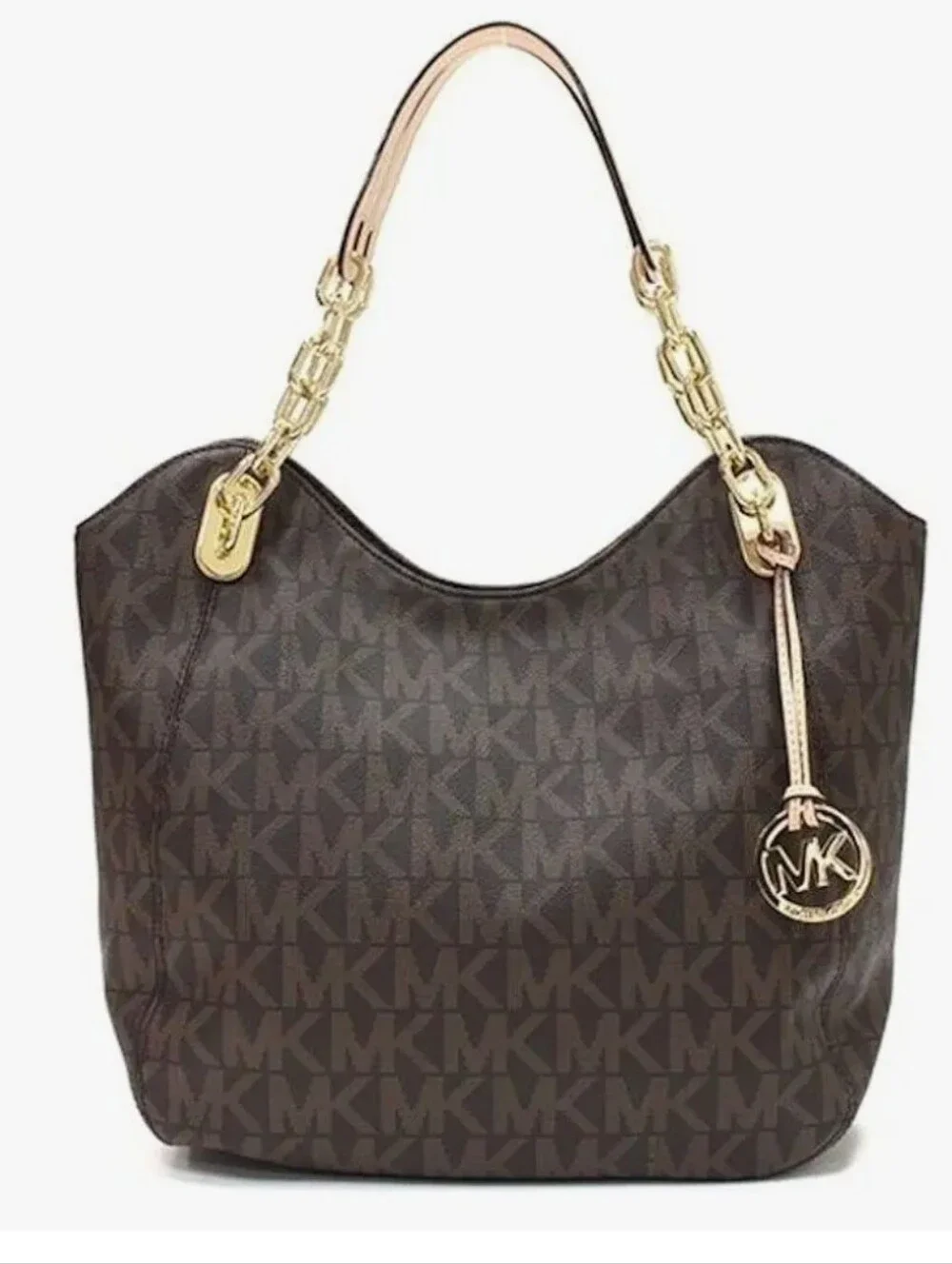 Michael Kors Dark Brown MK Monogram Chain-Handle Lilly Shoulder Bag